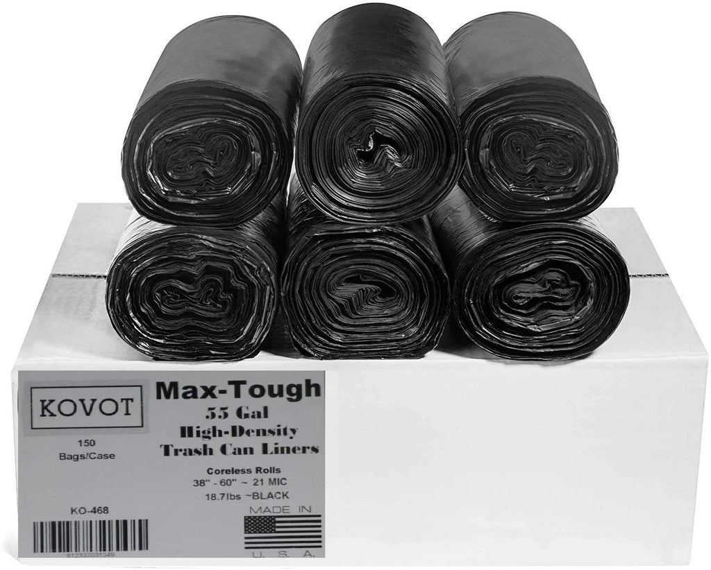 RL-386021K Max-Tough 55 Gal. High Density Sizetar Sizeeal Coreless Rolls Black Trash Bag, (Pack of 150)