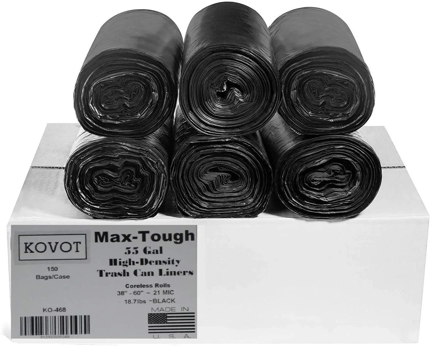 RL-386021K Max-Tough 55 Gal. High Density Sizetar Sizeeal Coreless Rolls Black Trash Bag, (Pack of 150)
