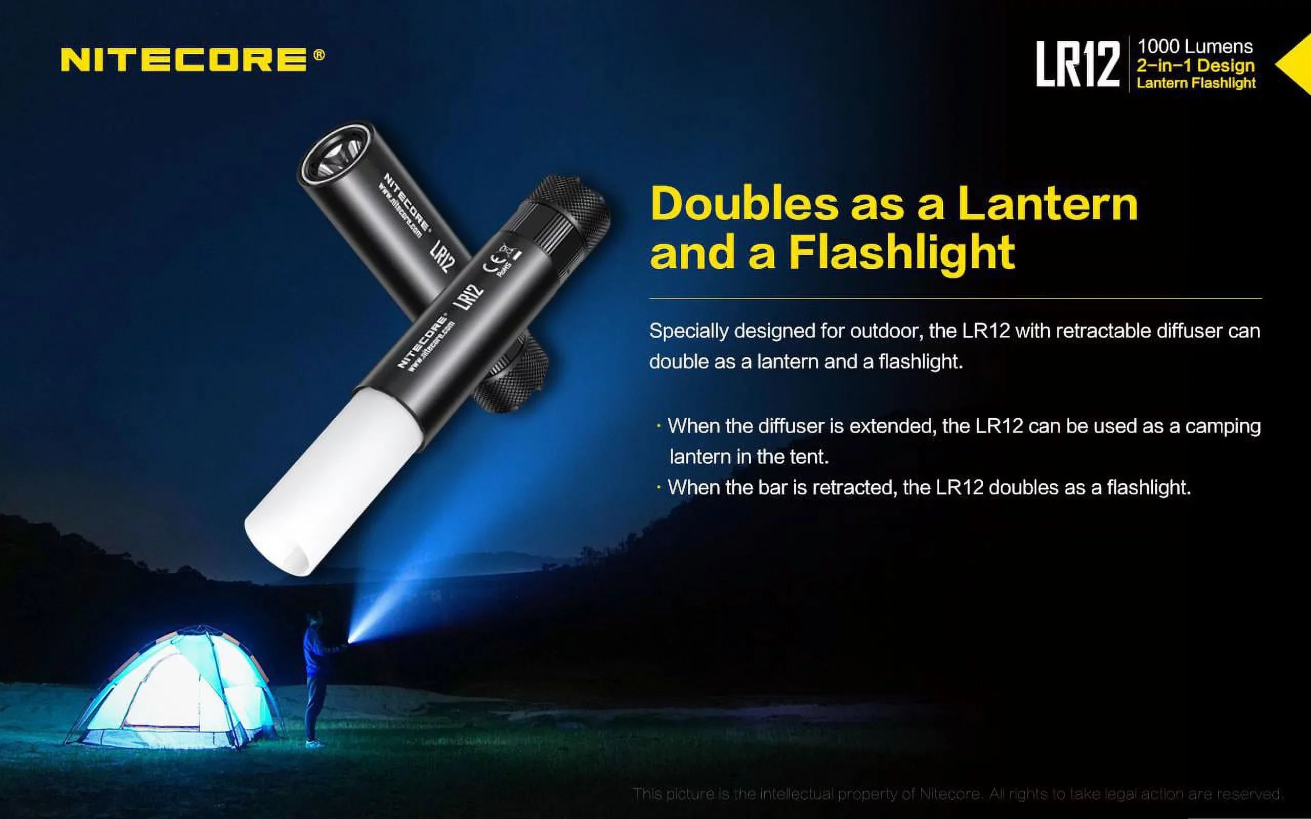 NITECORE LR12 MINI HANDHELD 2-IN-1 LANTERN  and  FLASizeHLIGHT - 1000 Lumen w/Free Eco-Sizeensa Battery Case