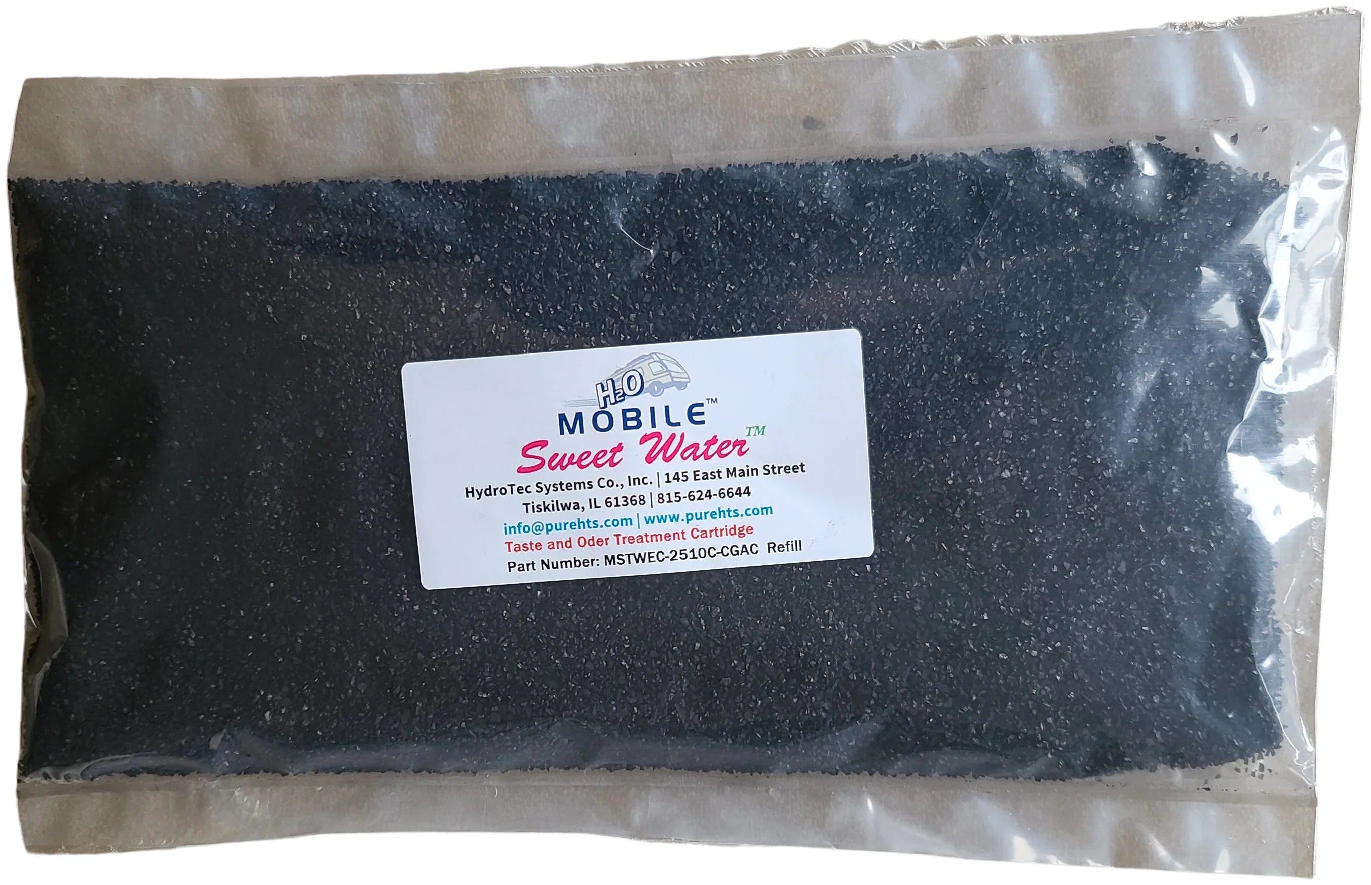 Refillable 2.5" by 10" cartridge sleeve filled with Virgin Coconut Granulated Activated Carbon With two (2) bags of refill carbon