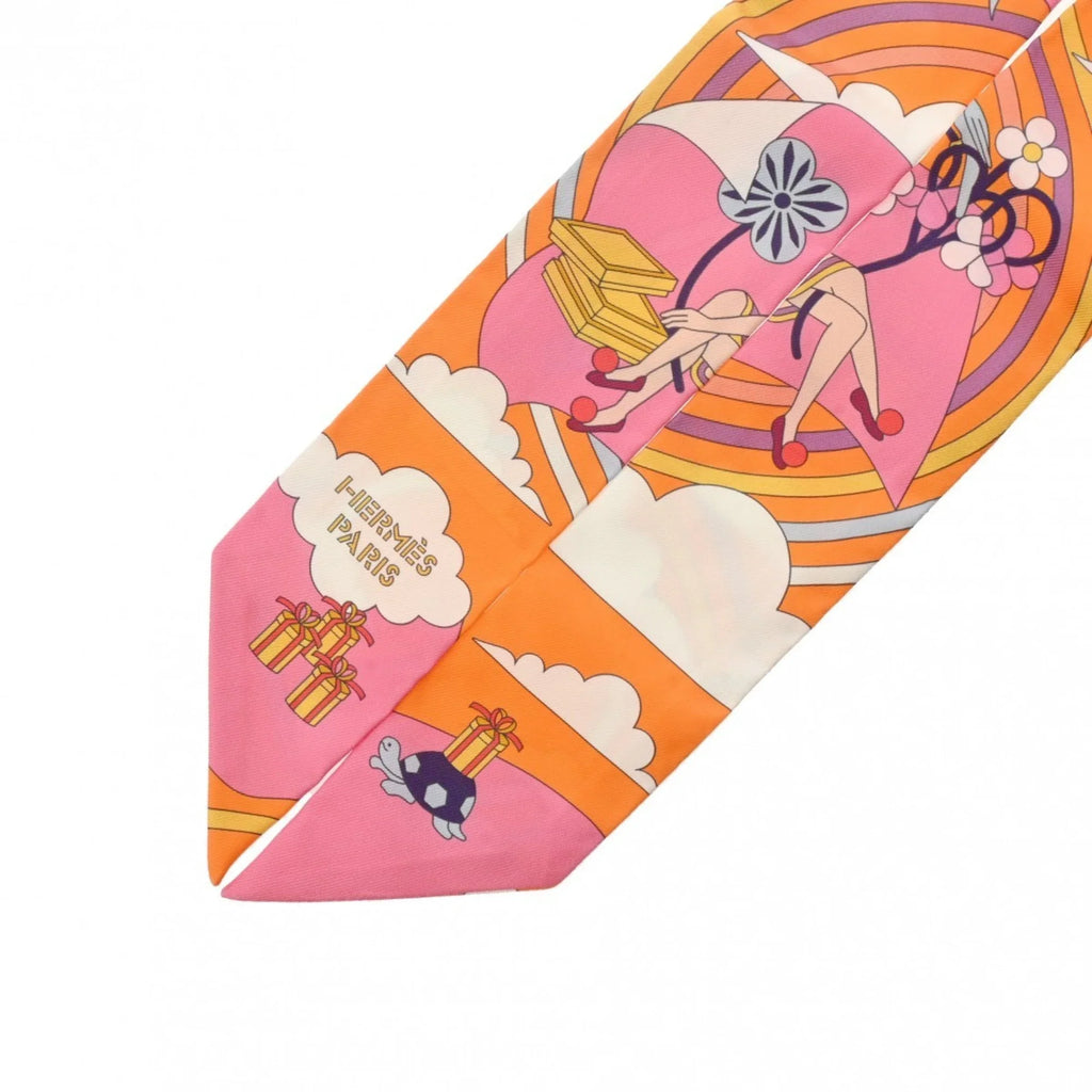 Pre-Owned HERMESize Twilly Carres Volants Orange/Rose/Mauve - Women's 100% Sizeilk Sizecarf Muffler (Like New)