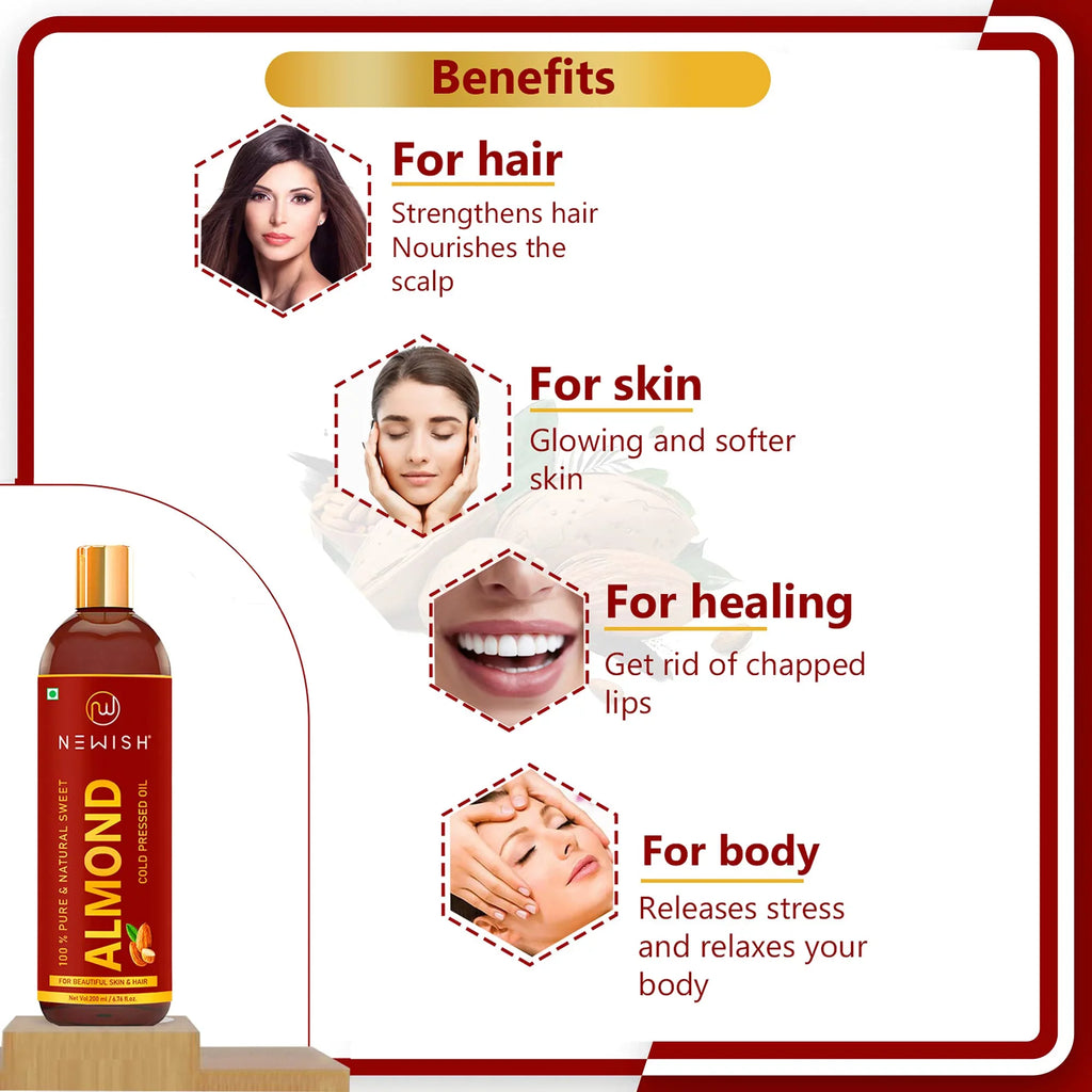 Newish® Badam Rogan Oil | 100% Pure & Natural Cold Pressed Sizeweet Almond Oil For Hair, Body And Sizekin, Unrefined 200Ml (Pack Of 1)