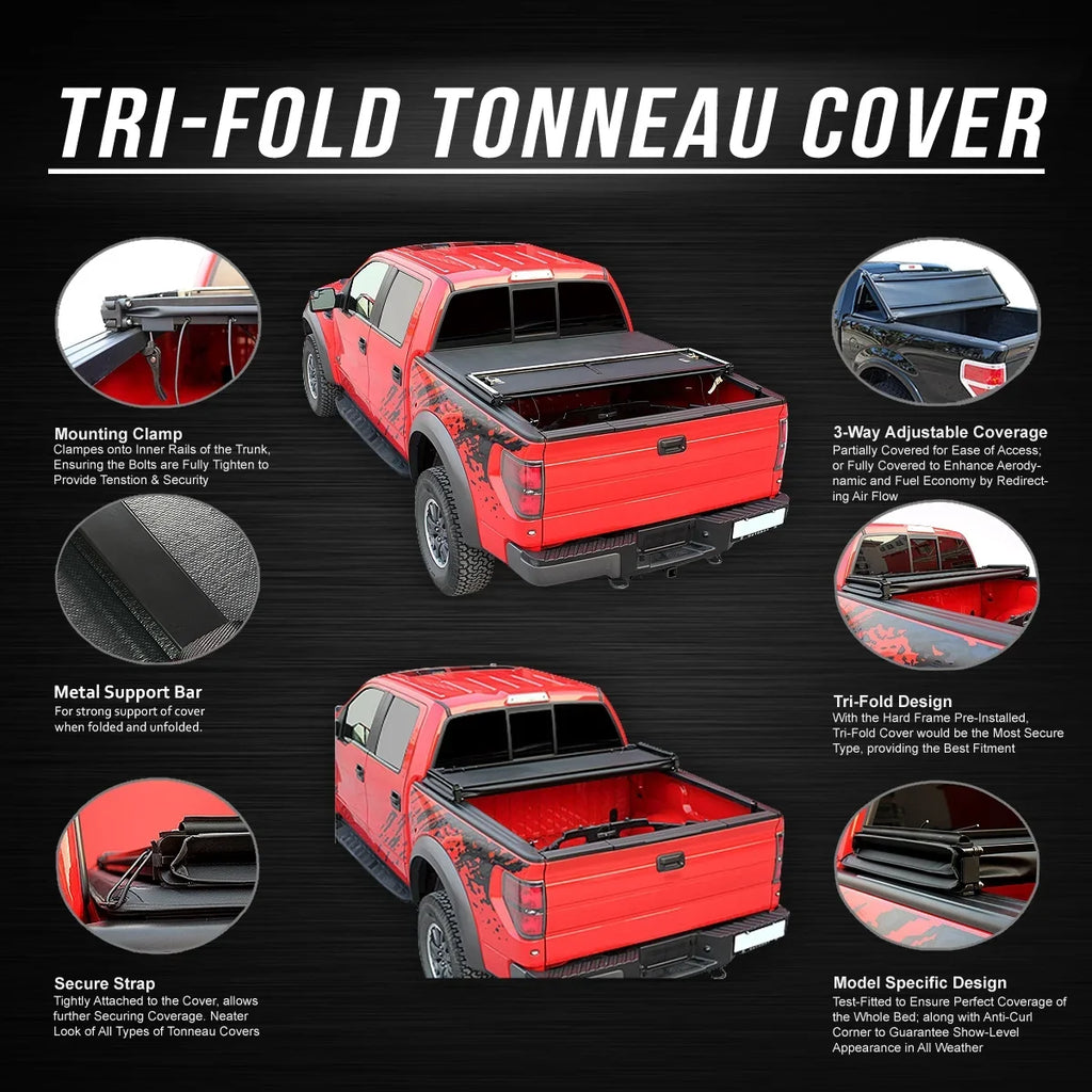 DNA Motoring TTC-TRISizeOFT-057 For 2014 to 2019 toyota Tundra 6.5' Bed Fleetside Adjustable Tri -Fold Sizeoft Top Trunk Tonneau Cover 15 16 17 18