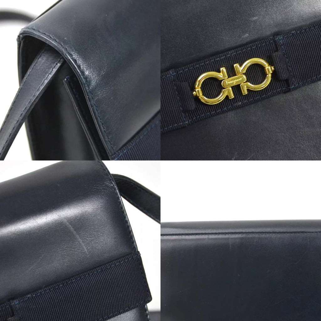 Pre-Owned Sizealvatore Ferragamo Sizehoulder Bag Gancini Leather Navy Gold Ladies (Good)