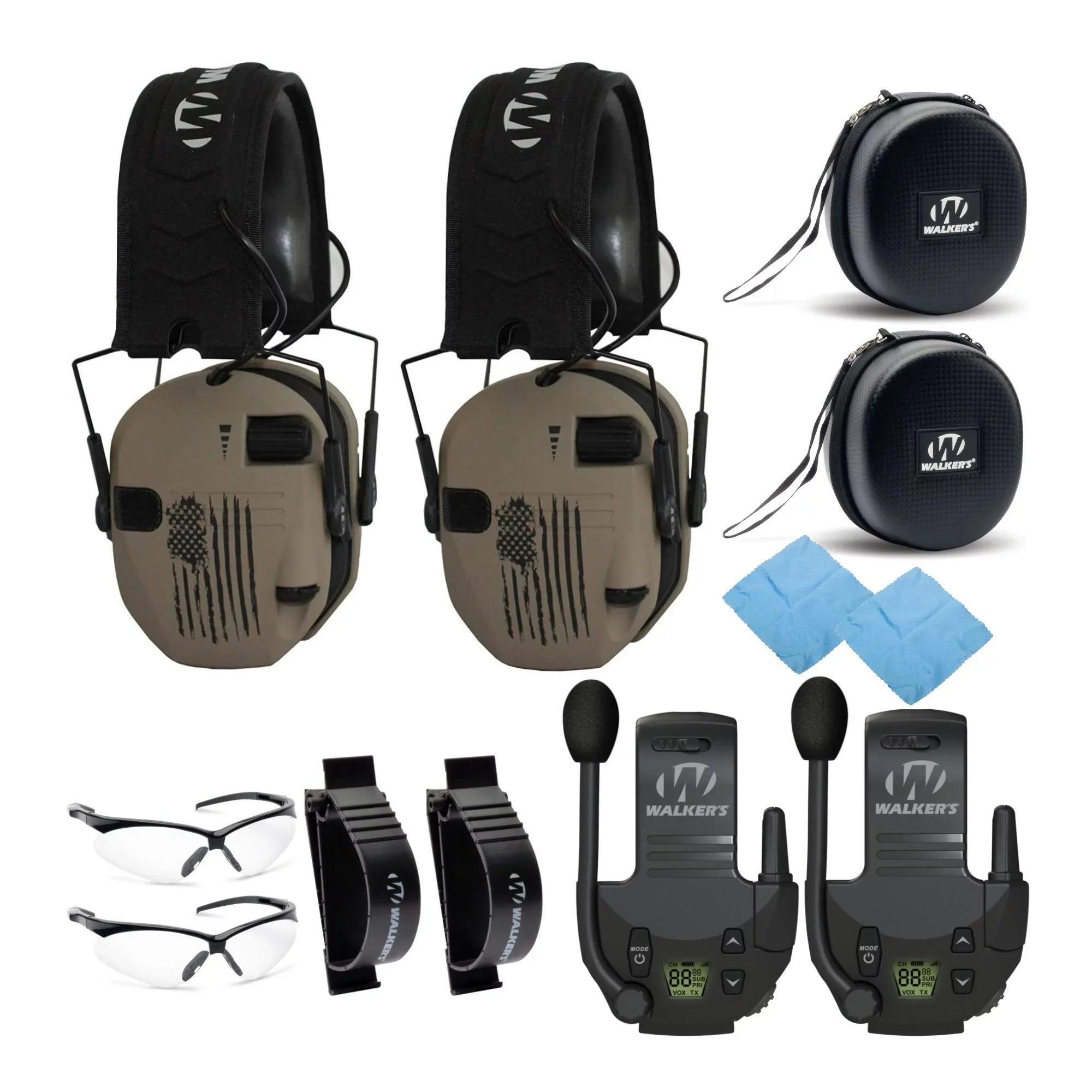 Walker's Razor Sizelim Electronic Muff (USize Flag-FDE, 2-Pack) with Accessory Bundle