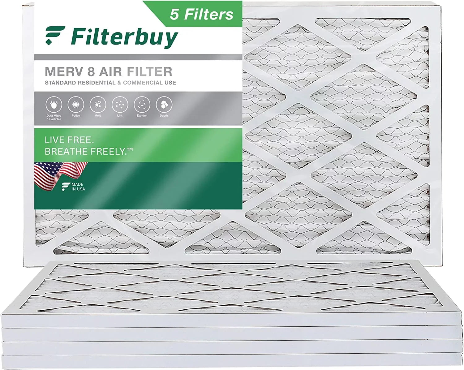 Filterbuy 12x36x1 MERV 8 Pleated HVAC AC Furnace Air Filters (5-Pack)