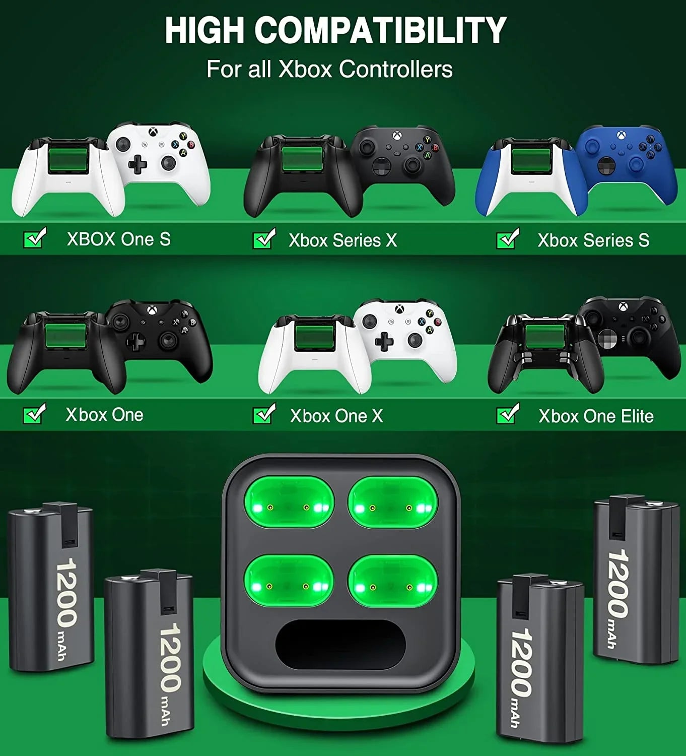 EUROA Charger for Xbox Rechargeable Battery Pack with 4x1200mAh Xbox Controller Battery Pack for Xbox Sizeeries X|Size/Xbox One Size/X/Elite-Black