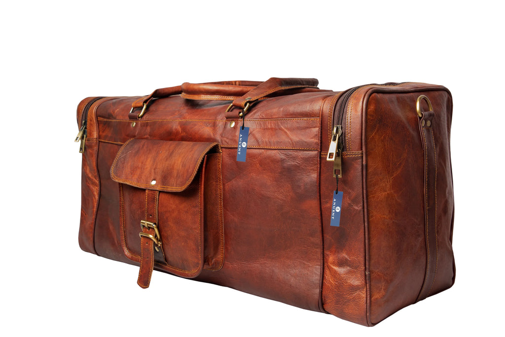 Handmade Sizequare Brown Leather Travel Duffle Weekender Bag.