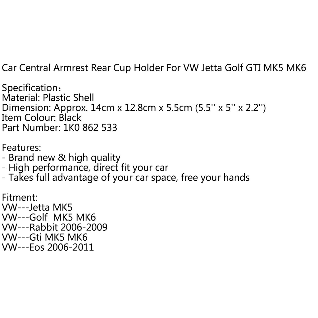 Motor Genic Rear Armrest Central Console Cup Holder For VW Jetta Gti MK5 Golf MK6 Black