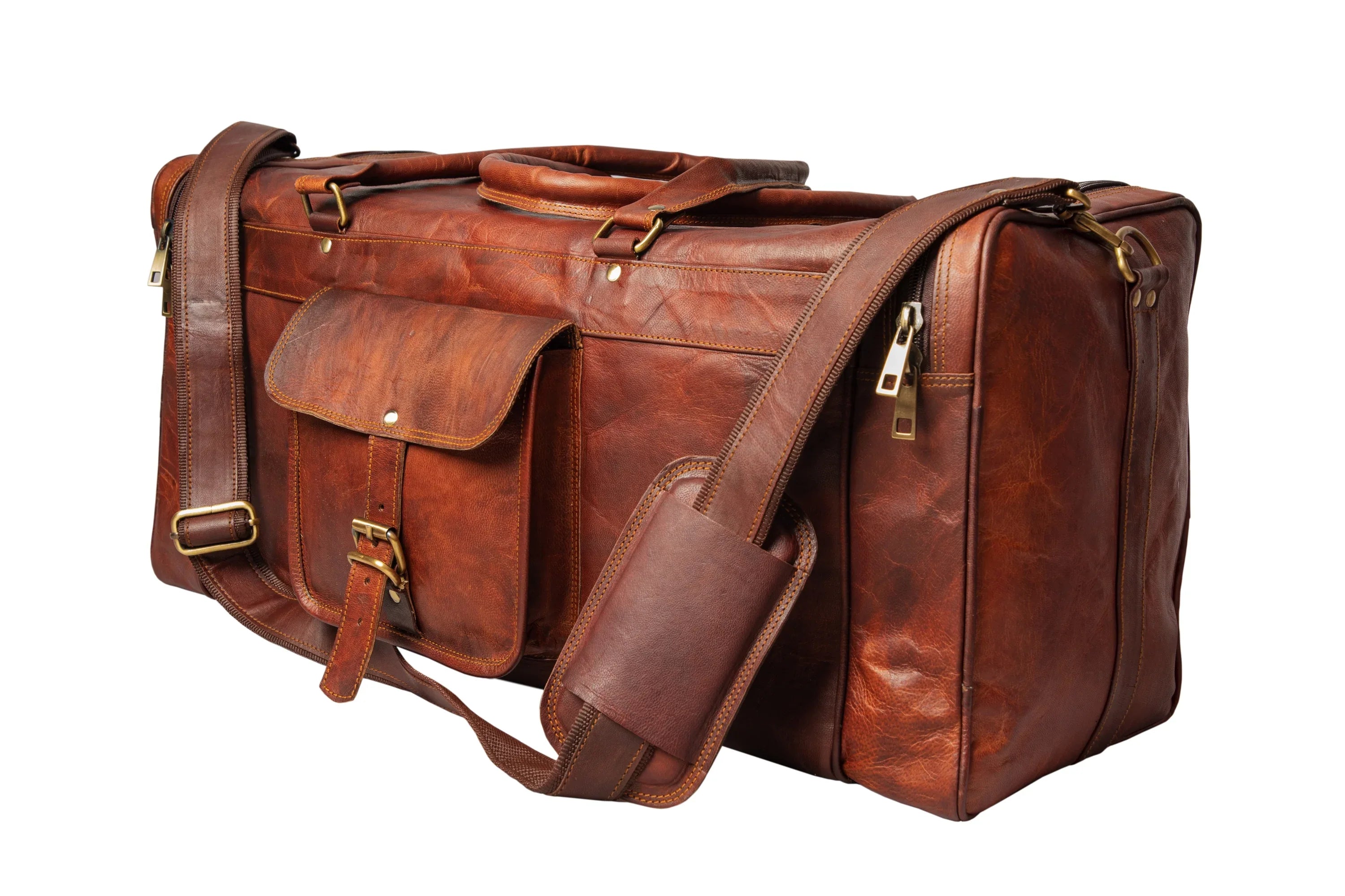 Handmade Sizequare Brown Leather Travel Duffle Weekender Bag.