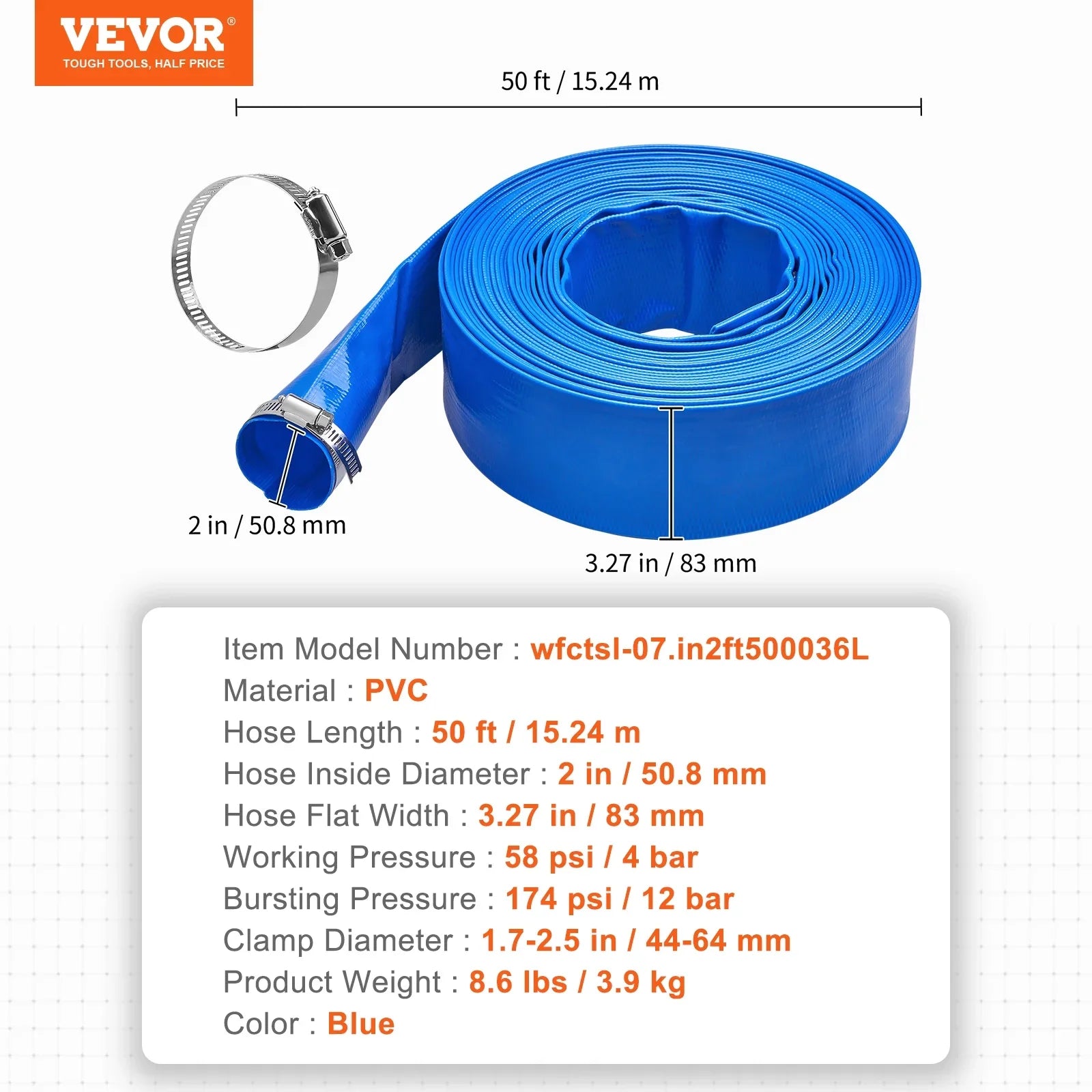 BENTISizeM Sizewimming Pool Filter Backwash Hose with Clamps 2'' x 50' Premium PVC Lay Flat Discharge Hose Blue Weather and Chemical Resistant