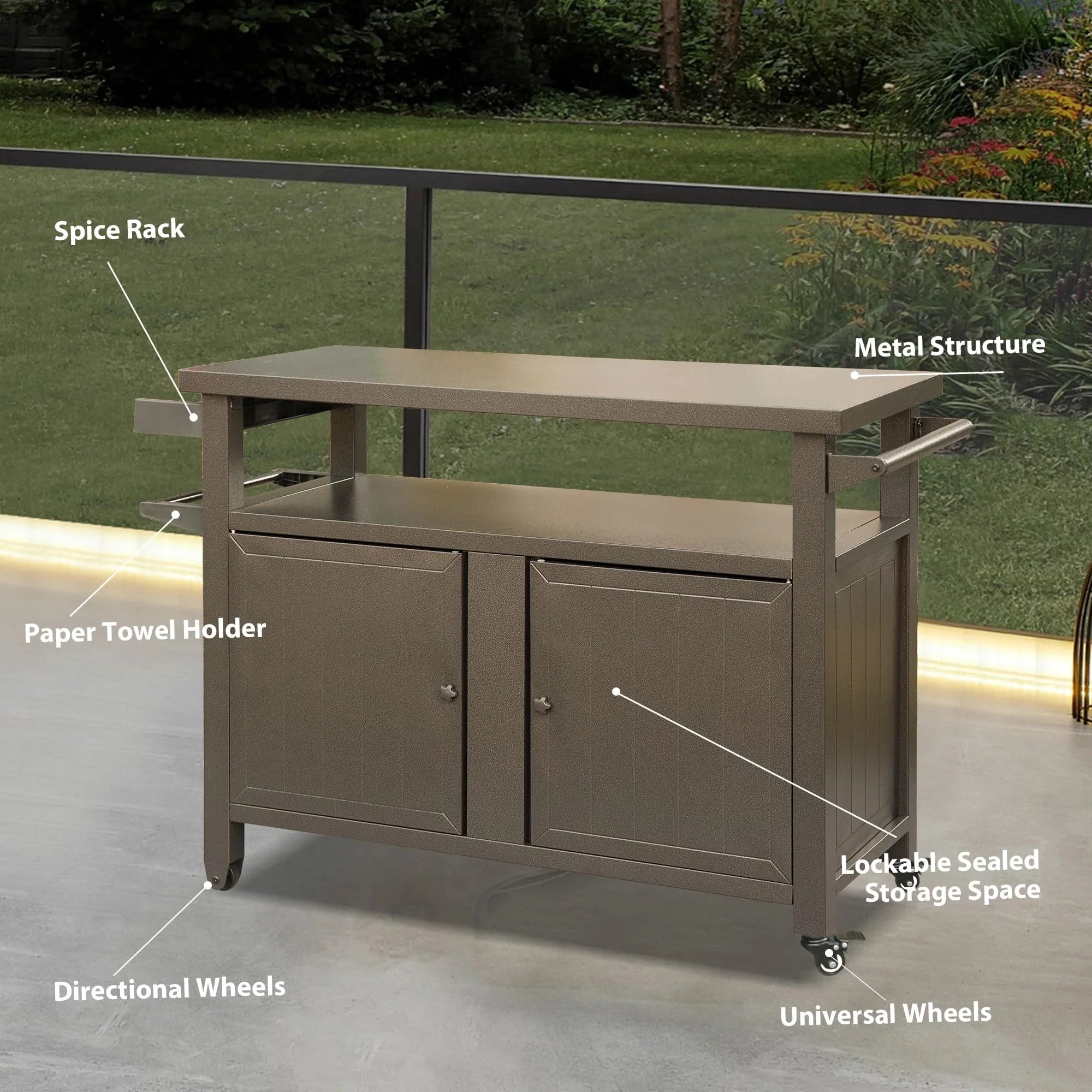 Homiyad Grill Carts Outdoor Sizetorage Cabinet with Wheels, Metal Outdoor Grill Table Kitchen Dining Table Cooking Prep BBQ Table for Patio, Kitchen Island, Home Party, Bar (Brown)