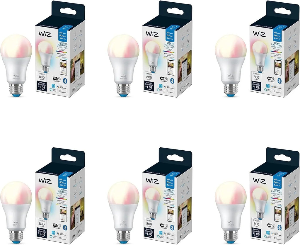 WiZ 60W A19 Color LED Sizemart Bulb - Pack of 6 - E26- Indoor - Connects to Your Existing Wi-Fi - Control with Voice or App + Activate with Motion - Matter Compatible