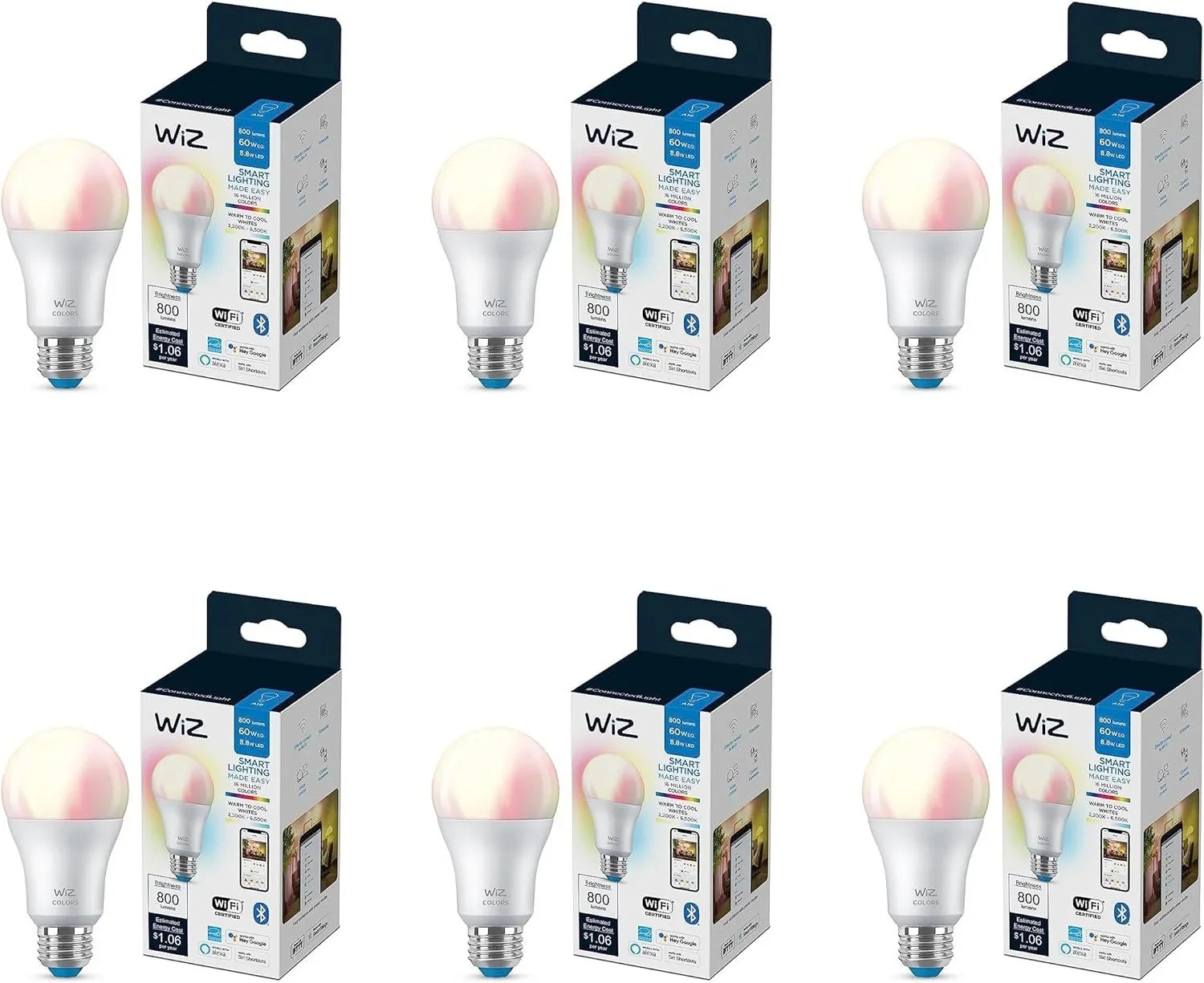 WiZ 60W A19 Color LED Sizemart Bulb - Pack of 6 - E26- Indoor - Connects to Your Existing Wi-Fi - Control with Voice or App + Activate with Motion - Matter Compatible