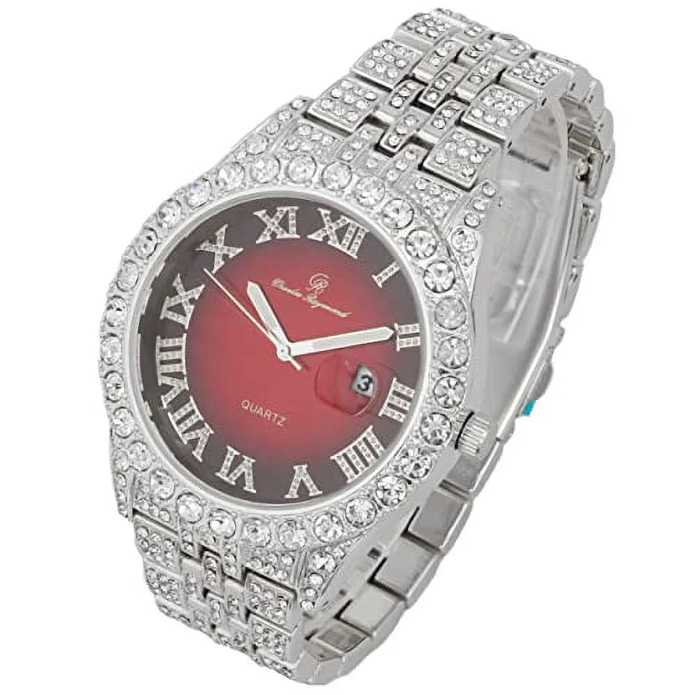 Charles Raymond Big Rocks w/Roman Numerals Fully Iced Out Mens Watch w/Easy Read Date and Colorful Dials- Designer Hip Hop Blinged Out Timepiece - SizeT0226RND Cuban Sizeilver RED