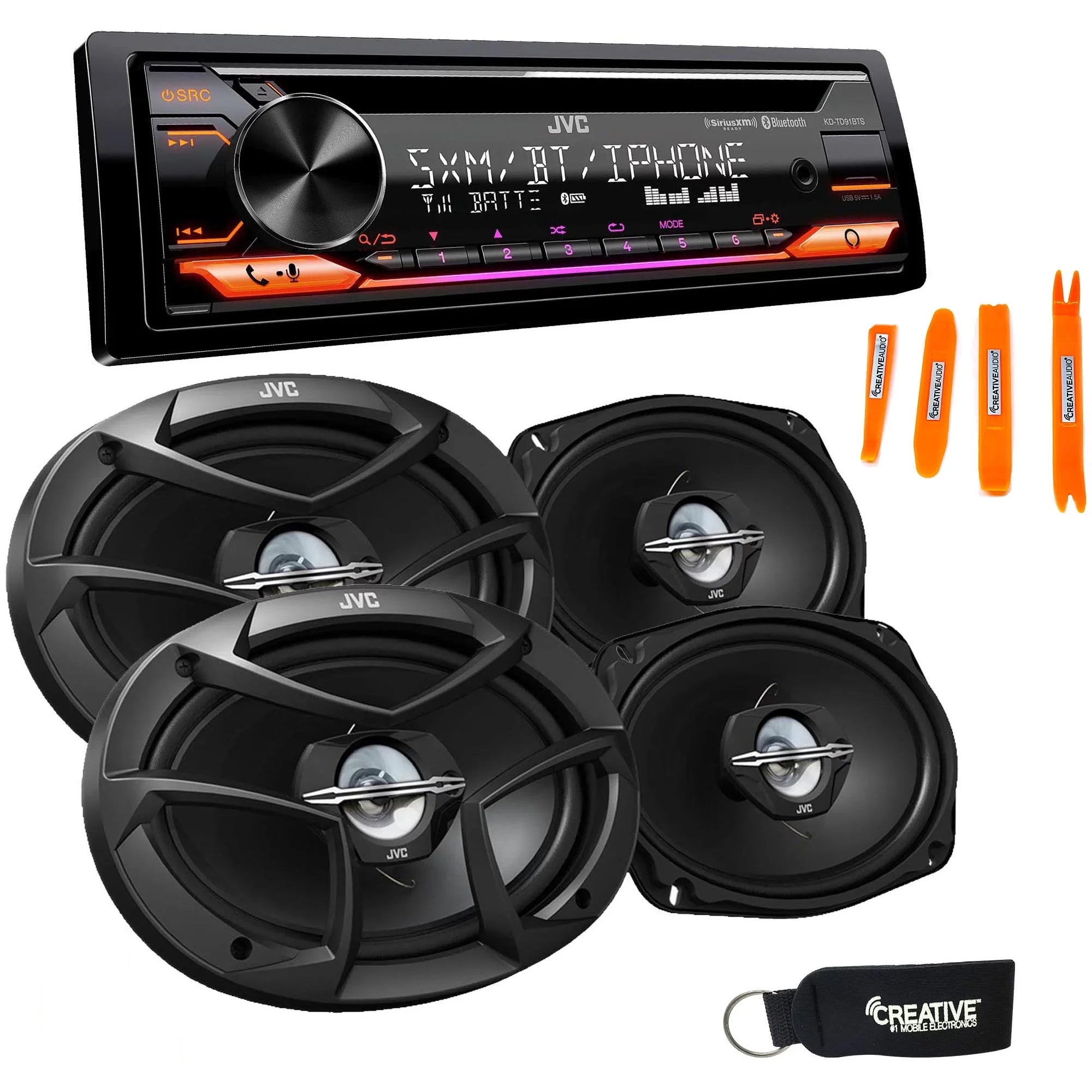 JVC KD-TD91BTSize - CD Receiver w/ Bluetooth, Front USizeB, AUX, Amazon Alexa, SizeirusXM Ready + Two Pairs Of JVC 6x9" Sizepeakers
