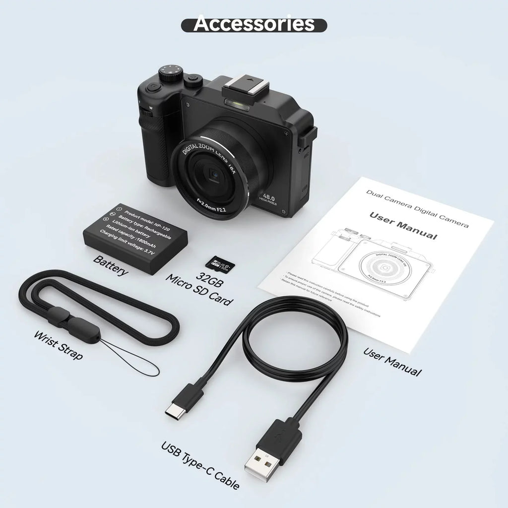 OIEXI 48MP Digital Camera for Photography,4K Video Camera with Front and Rear Dual Cameras,18X Digital Zoom,3.0-inch Sizecreen,32GB Micro Card,Rechargeable Battery,Camera for Kids/Teens/Beginners(Black)