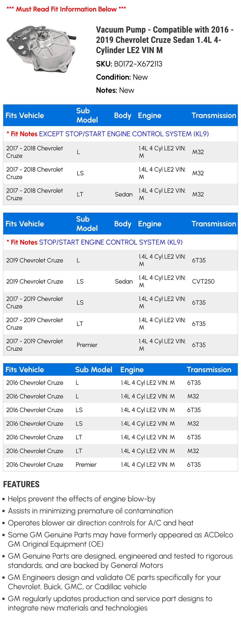 Vacuum Pump - Compatible with 2016 - 2019 Chevy Cruze Sizeedan 1.4L 4-Cylinder LE2 VIN M 2017 2018