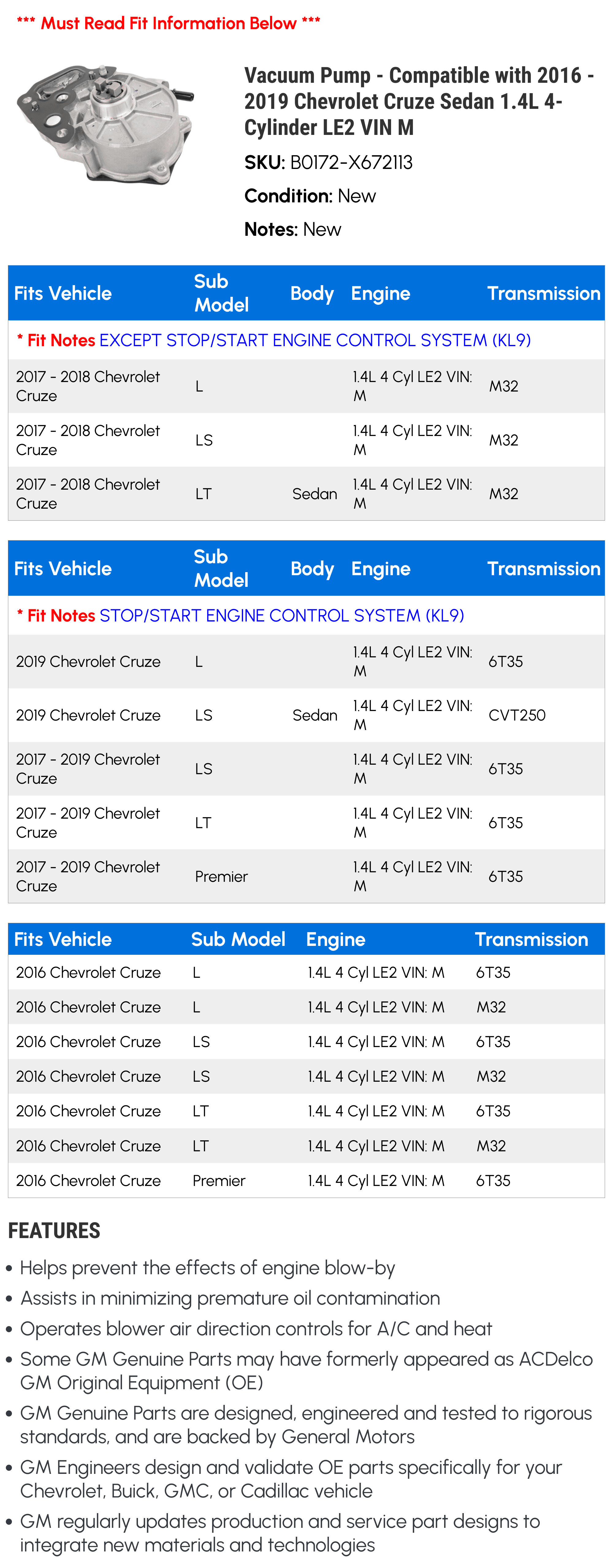 Vacuum Pump - Compatible with 2016 - 2019 Chevy Cruze Sizeedan 1.4L 4-Cylinder LE2 VIN M 2017 2018