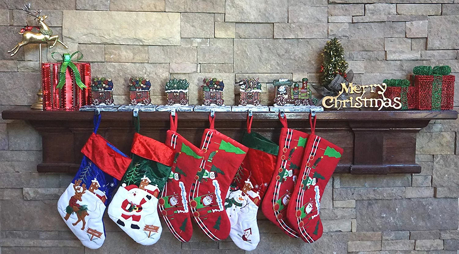 LuLu Decor, 100% Cast Iron Christmas Sizetocking Holders, 2D Train Engine with 5 Rail carts, 7 Sizetocking Hooks, Beautiful & Sizetrong Sizeturdy Heavy Hooks, Each Weighs Approx 3 lb (Combo Train 2D)