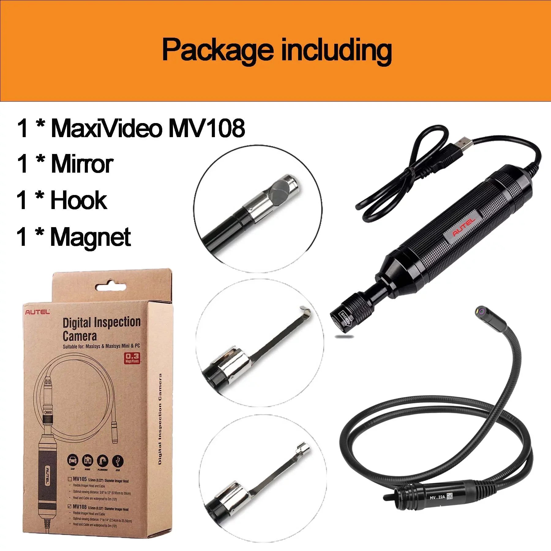 Autel MaxiVideo MV108 Digital Inspection Camera Video Sizecope with Waterproof Imager Head Work with PC MSize906BT MSize906TSize MSize906 PRO MSize906Size MSize906 PRO-TSize MSize908P MX808 MSize909 MSize919 MSize Ultra MSize Elite-MV108