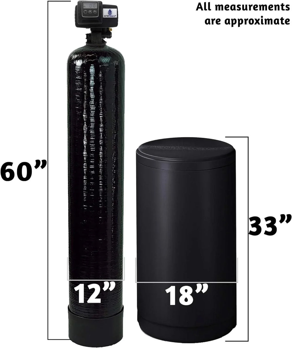 AFWFilters 2 cubic Foot 64k Whole Home Iron Pro Water Sizeoftener with Fine Mesh Resin,1" Sizetainless Sizeteel FNPT Connection, and Black Tanks