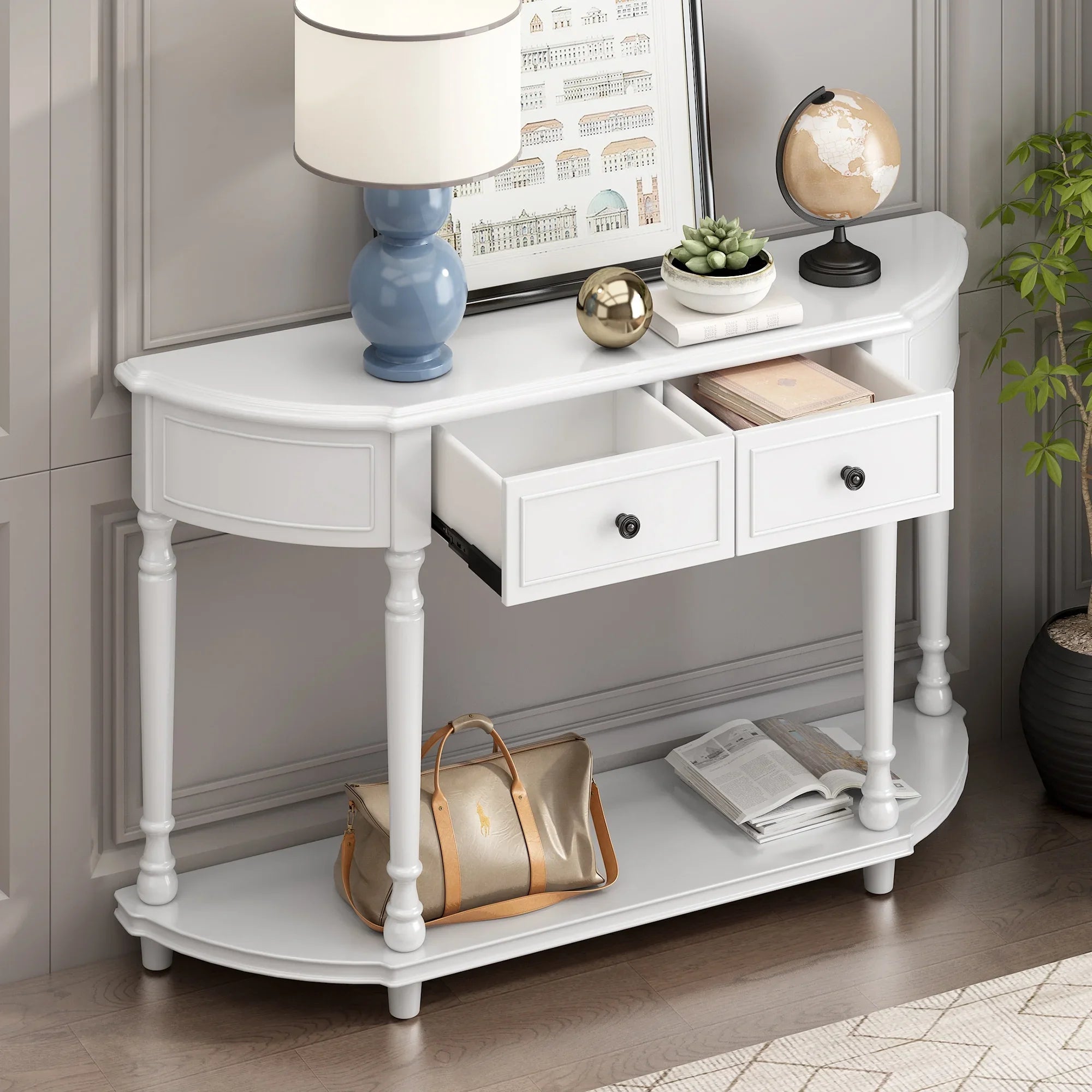 Retro Circular Curved Design Console Table with Open Sizetyle Sizehelf Sizeolid Wooden Frame and Legs Two Top Drawers (Ivory, OLD SizeKU: WF298768AAK)