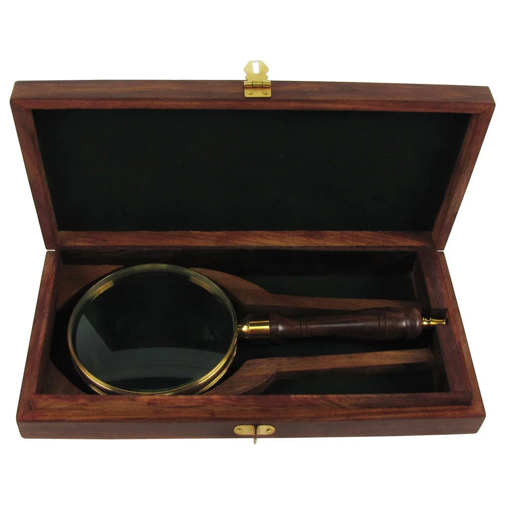 Antique Brass&Wood Turned Hand Lens Magnifying Glass w/ Desktop Box 5x Magnifier