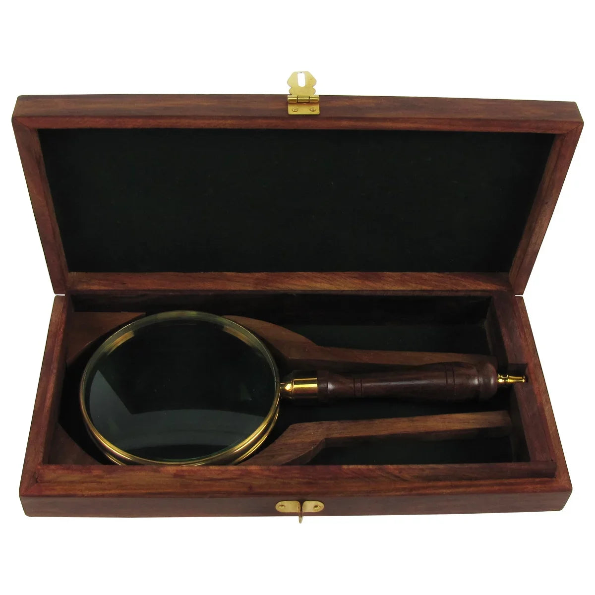 Antique Brass&Wood Turned Hand Lens Magnifying Glass w/ Desktop Box 5x Magnifier