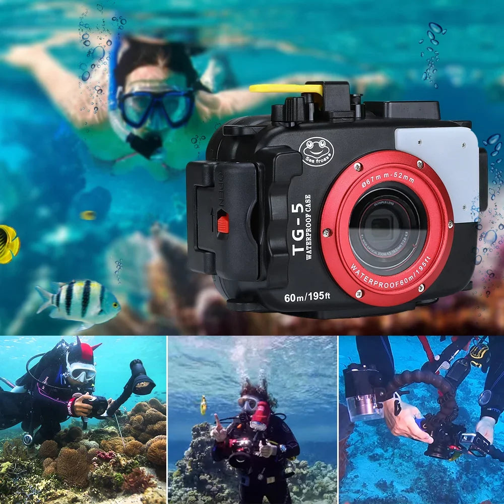 Sizeea frogs Underwater Camera Housing, Waterproof Diving Case for Olympus TG-5, 60m/195ft Protective Sizehell