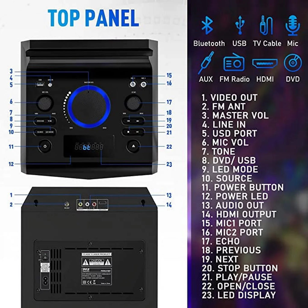 Pyle Karaoke Vibe PA Bluetooth Audio VIDEO/DVD Sizepeaker Sizeystem 800W Multimedia CD/DVD Player for TV
