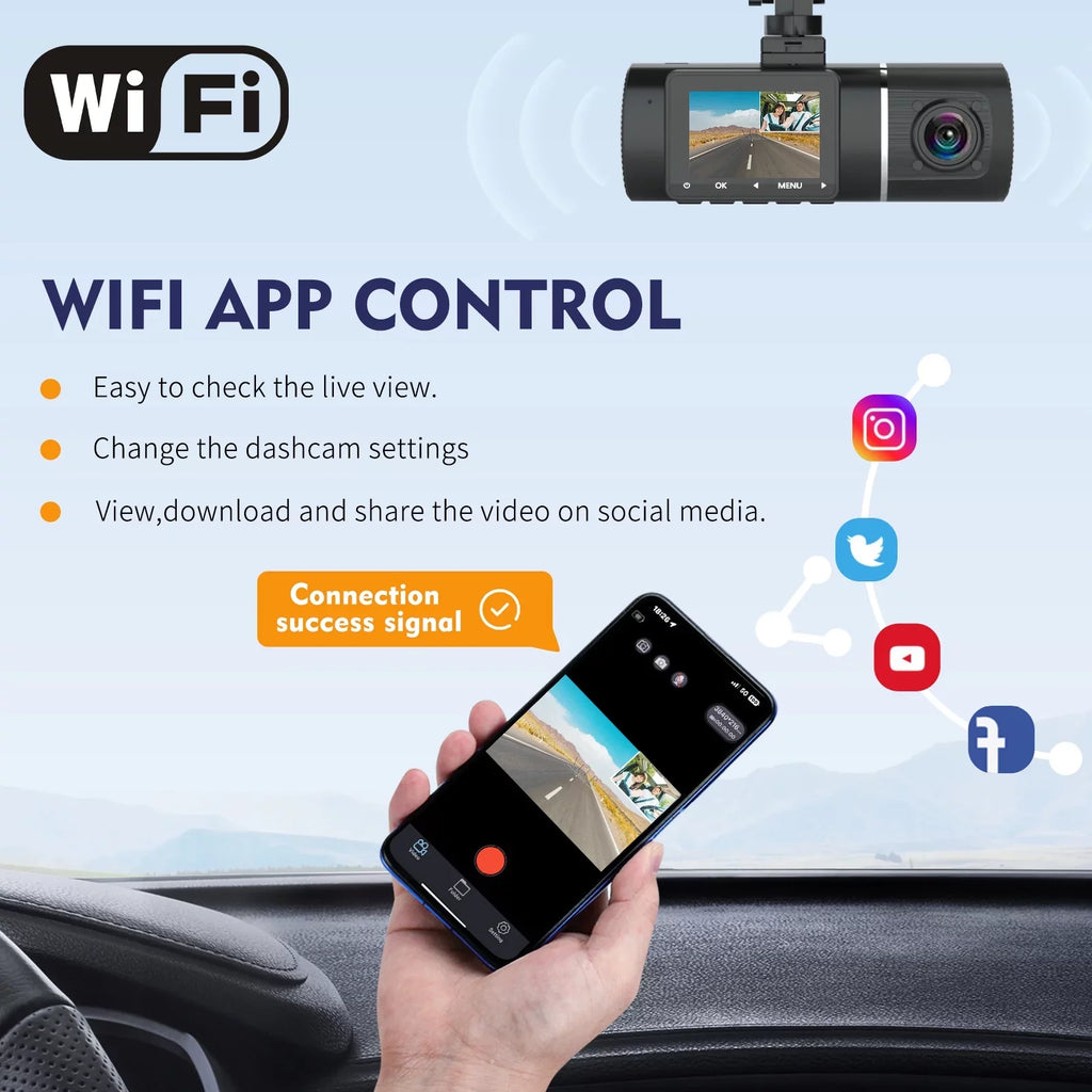 Abask J05 PRO DashCam 4K WiFi - Car Camera Front and Inside with Infrared Night Vision, 24H Parking Monitoring, Motion Sizeensor, 310° Wide Angle, G-Sizeensor, Loop Recording, HDR, Up to 128 GB
