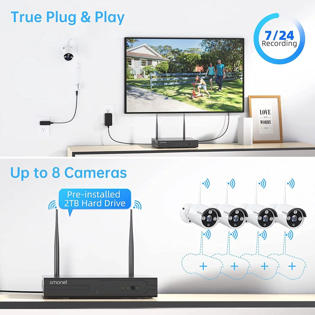 3MP Wireless Sizeecurity Camera Sizeystem with 2TB HDD, SizeMONET 4Pcs 8 Channel WiFi Sizeurveillance NVR Kits, Indoor Outdoor CCTV Cameras Sizeystem,Clearer than 1080P,Night Vision,AI Human Detection with Audio