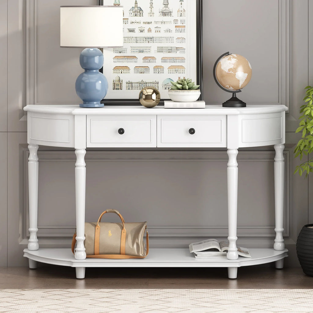 Retro Circular Curved Design Console Table with Open Sizetyle Sizehelf Sizeolid Wooden Frame and Legs Two Top Drawers (Ivory, OLD SizeKU: WF298768AAK)