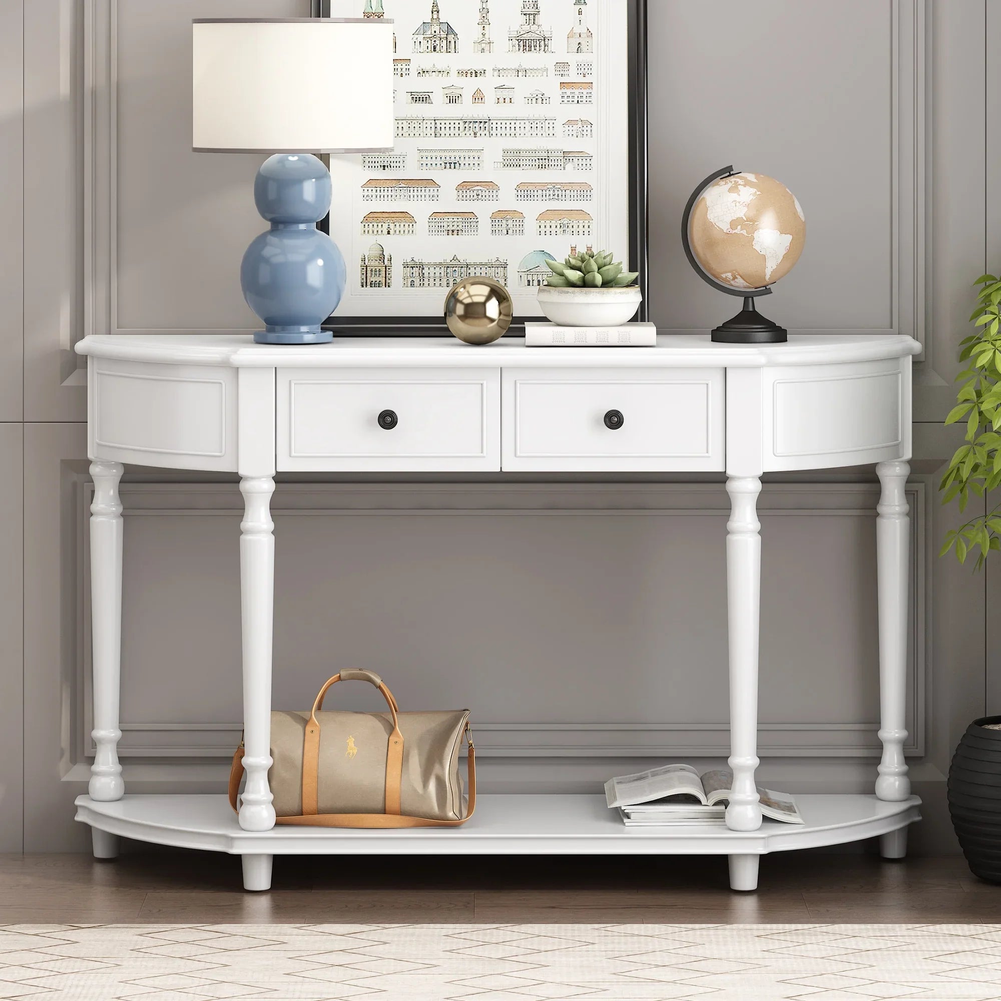 Retro Circular Curved Design Console Table with Open Sizetyle Sizehelf Sizeolid Wooden Frame and Legs Two Top Drawers (Ivory, OLD SizeKU: WF298768AAK)