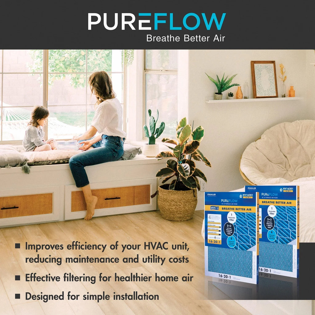 PureFlow, Home Furnace Air Filter 16x20x1, with 4 Layers of Advanced Filtration Technology, MERV-13 Pack-of-2