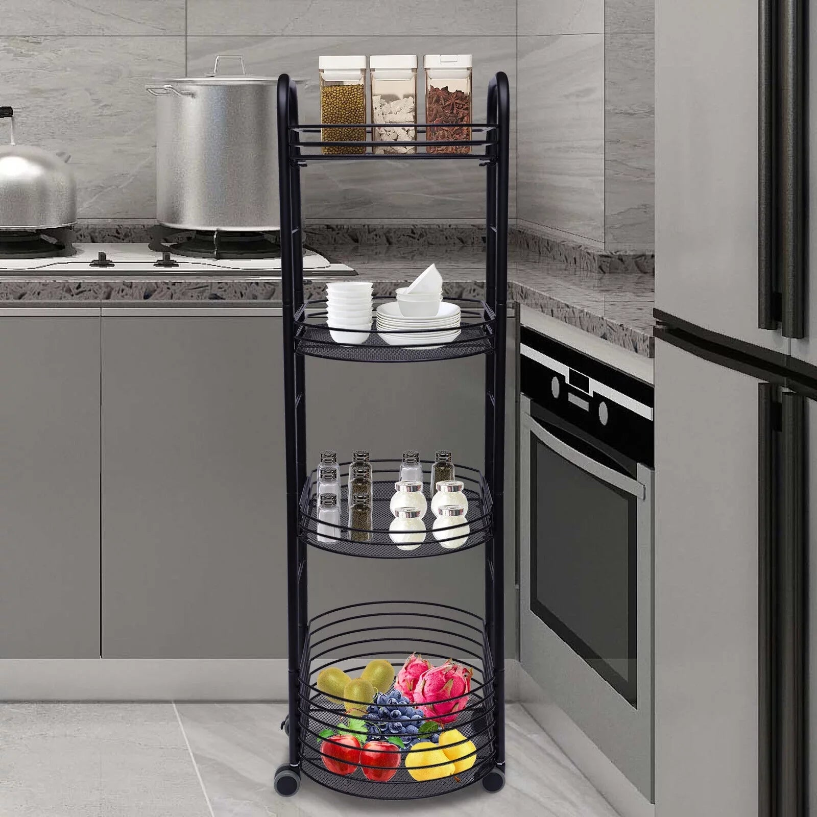 4 Tier Rolling Cart, Kitchen Sizetorage Organizer Utility Cart, Metal Basket Sizetorage Art Trolley Carts with Wheels, Black