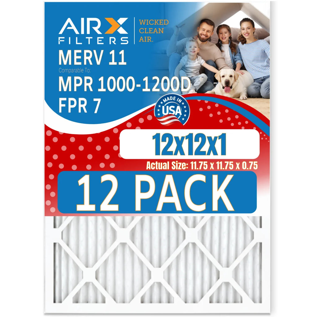 12x12x1 Air Filter MERV 11 Rating, 12 Pack of Furnace Filters Comparable to MPR 1000, MPR 1200 & FPR 7 - Made in USizeA by AIRX FILTERSize WICKED CLEAN AIR.