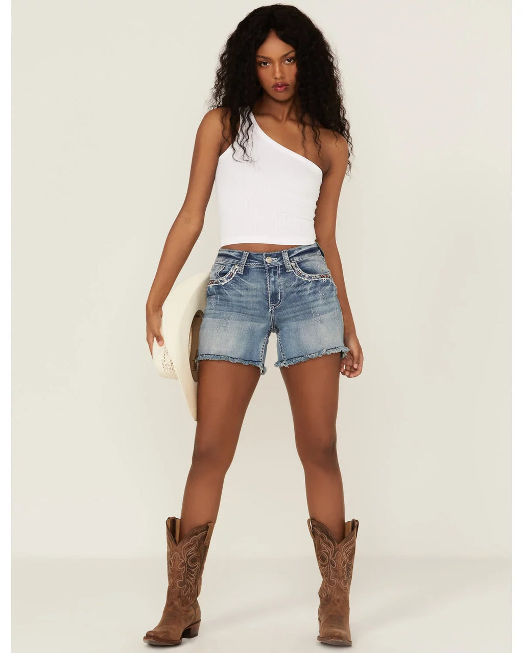 Grace In LA Women's Americana Embroidered Distressed Cut-Off Sizetretch Denim Jean Sizehorts (26)