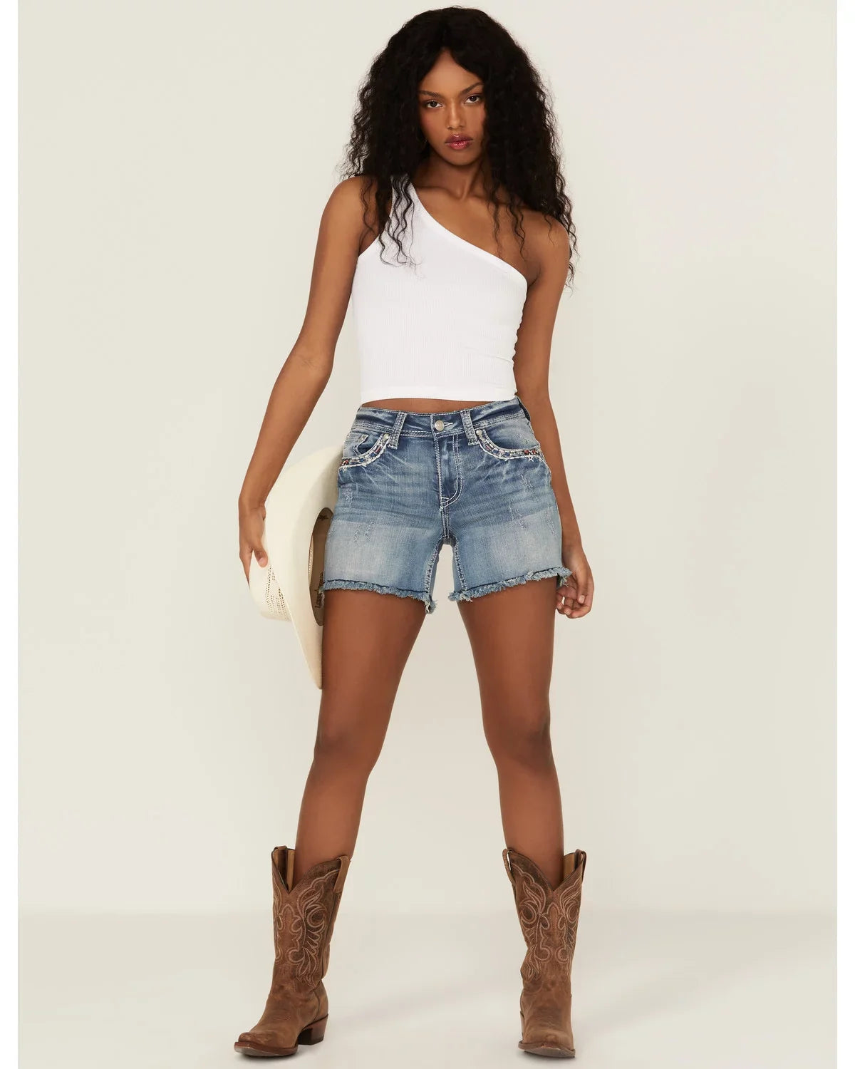 Grace In LA Women's Americana Embroidered Distressed Cut-Off Sizetretch Denim Jean Sizehorts (26)