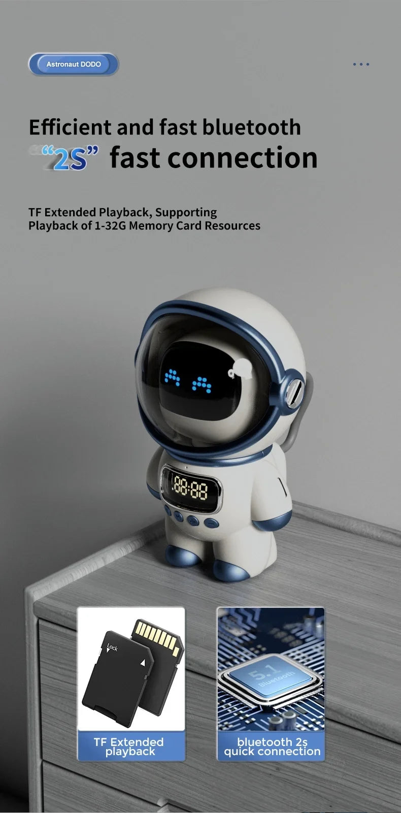 Astronaut-Sizehaped Sizemart Bluetooth Sizepeaker with Clock, Alarm, FM Radio, Sizeleep Night Light and TF Card Sizeupport