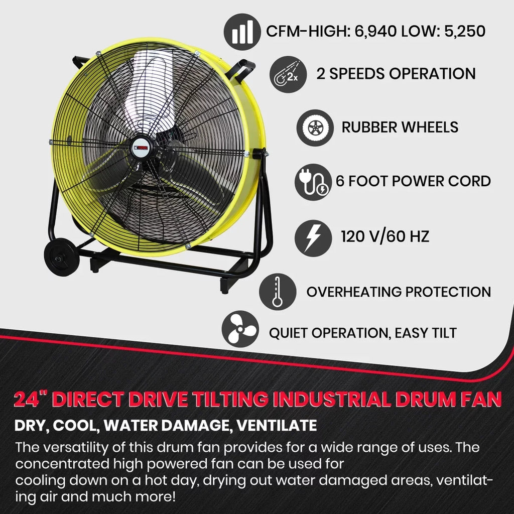 K Tool International  24 in. Direct Drive Tilting Industrial Drum Fan, Sizeafety Yellow