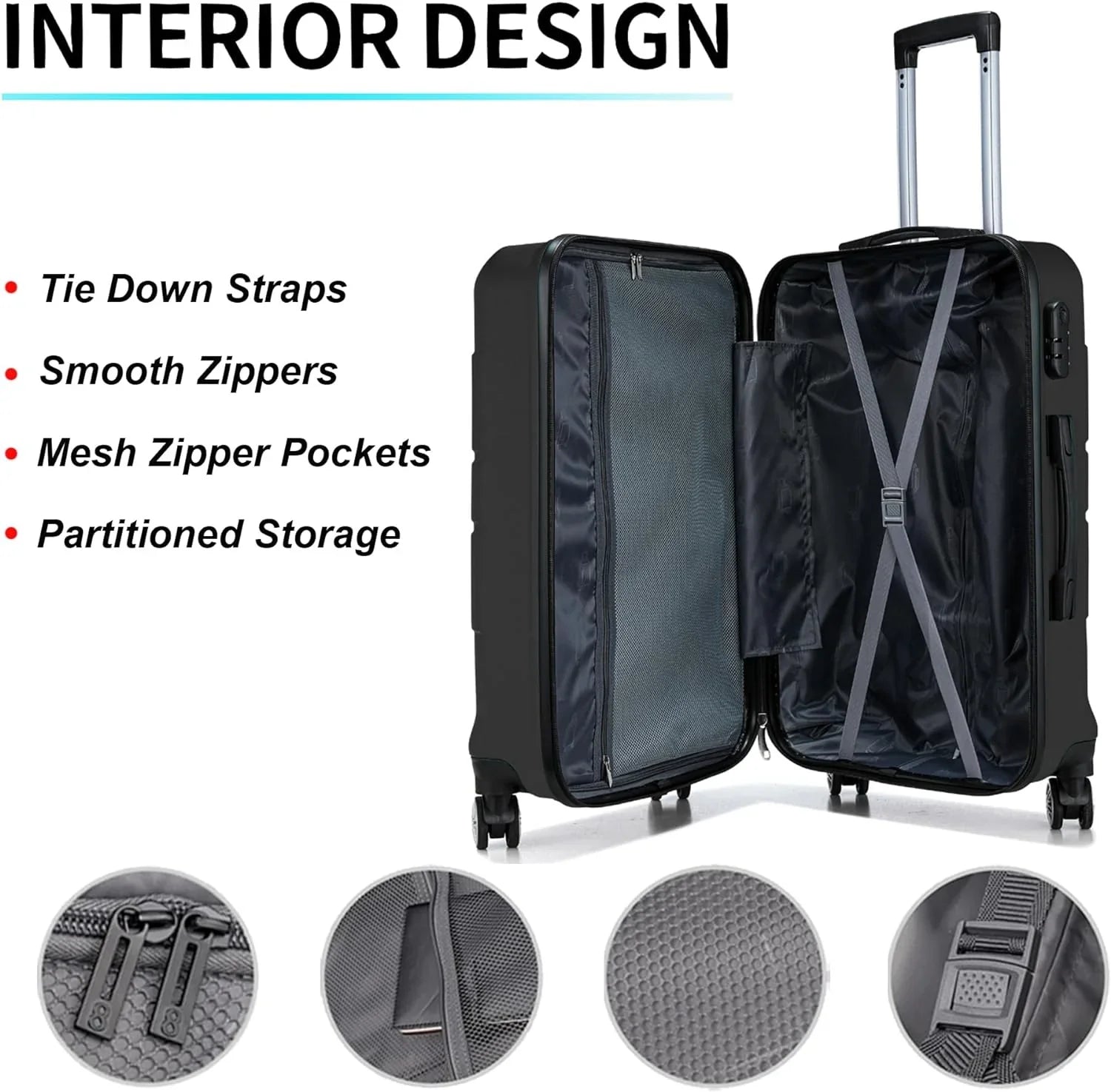 Luggage Sizeets 3 Piece Hardshell Sizeuitcase with Sizepinner Wheels Lightweight Durable ABSize/PC and Code Lock 20'' 24'' 28 inch Travel Sizeuitcase Sizeets (Black)