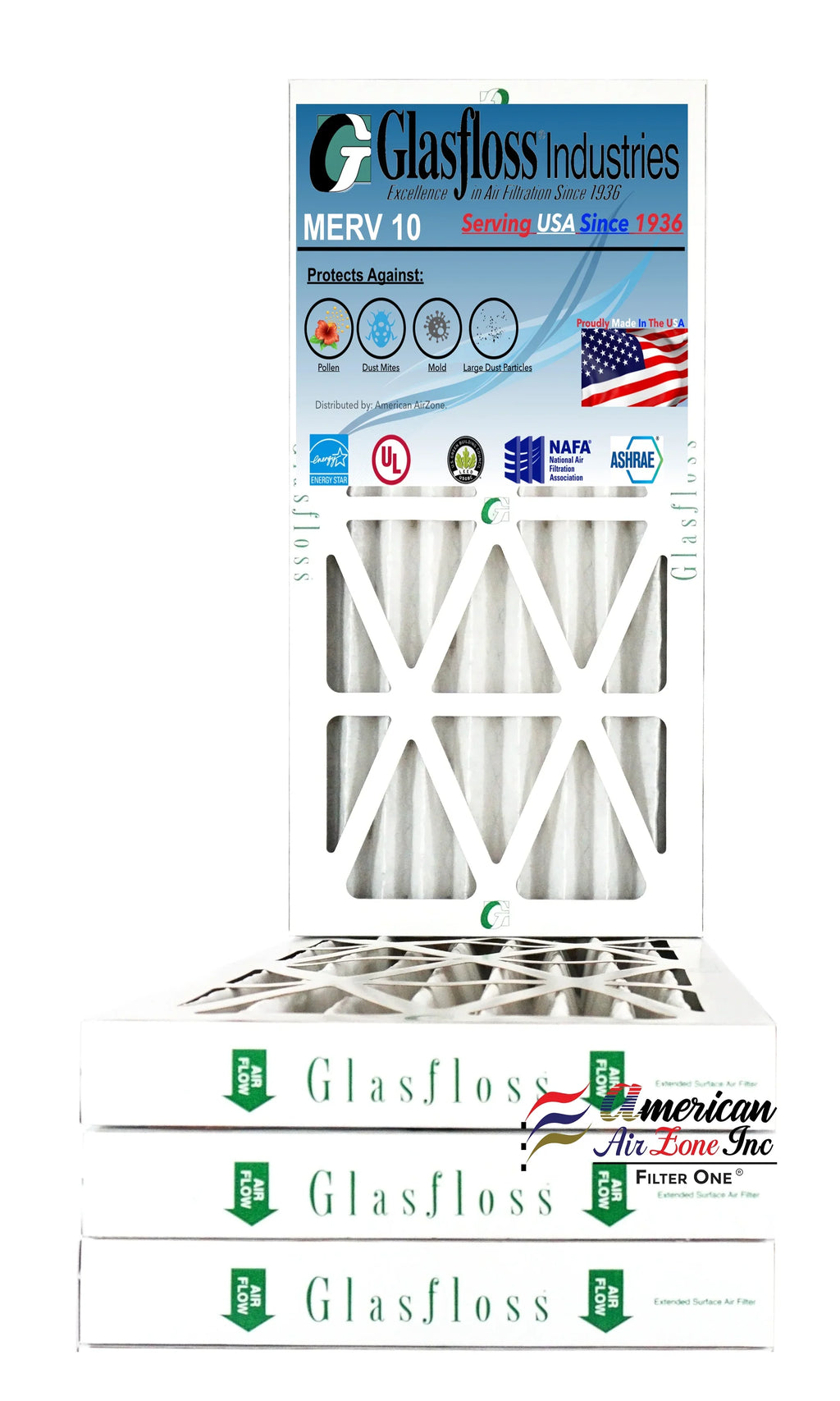 Glasfloss Air Filter 12x25x2 - 2" MERV 10 - (Pack of 4) - Pleated AC or HVAC Air Filter - Furnace Air Filter - Home or Office - Made In The USizeA.