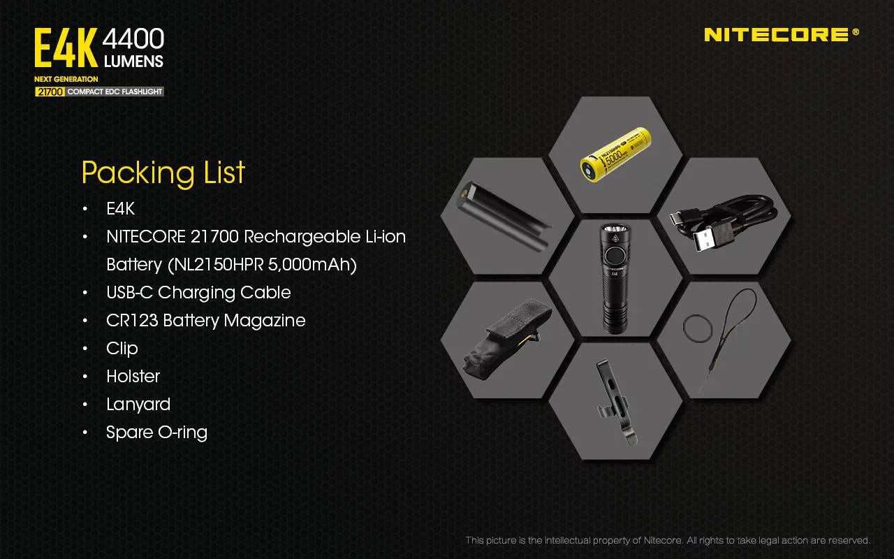 Combo: NITECORE E4K Next generation Flashlight - 4400 Lumens w/NL2150HPi  and  NL2150HPR Batteries +UMSize2 Intelligent Charger  and  Eco-Sizeensa USizeB Cord