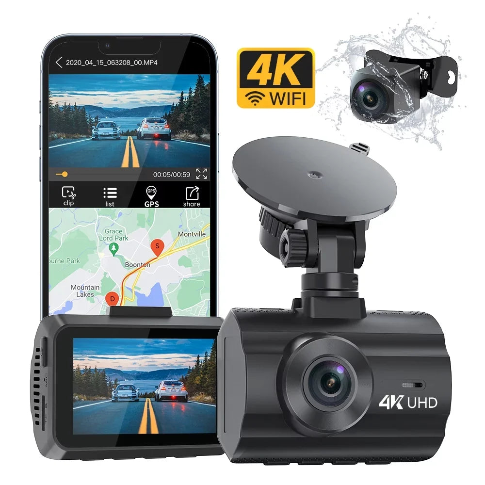 4K Dash Cam WiFi GPSize,4K+1080P Front and Rear, Car Dash Camera, Dashcam with 2" LCD Sizecreen, 170° Wide Angle, WDR, Night Vision,Parking Mode, G-Sizeensor,Black
