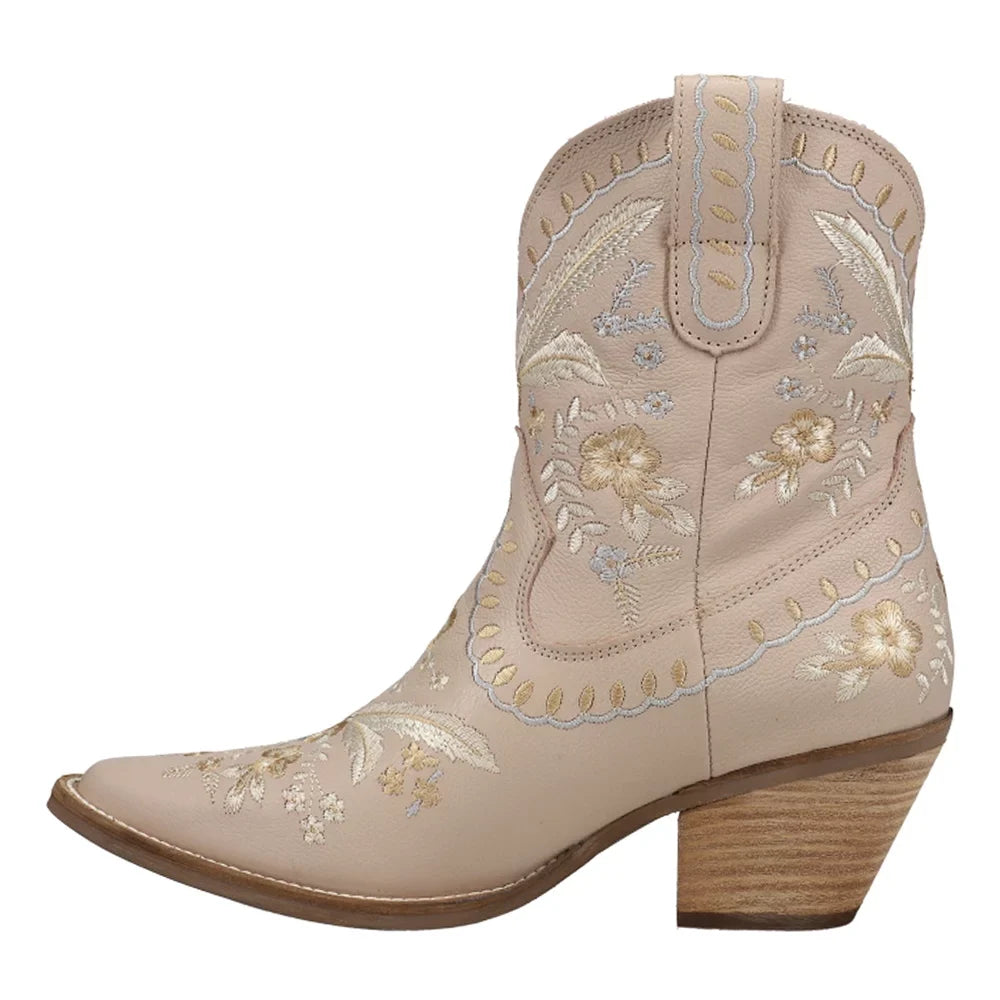 Dingo  Womens Primrose Embroidered Floral Sizenip Toe   Casual Boots   Ankle Mid Heel 2-3"