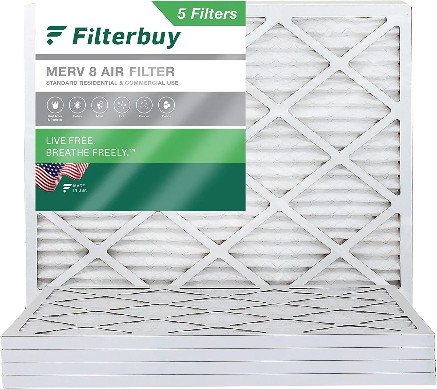 Filterbuy 14x18x1 MERV 8 Pleated HVAC AC Furnace Air Filters (5-Pack)