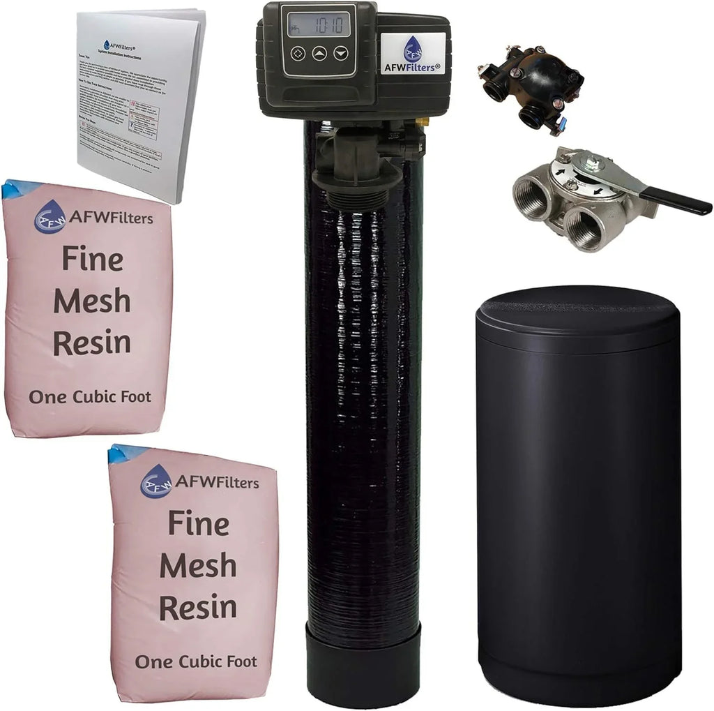AFWFilters 2 cubic Foot 64k Whole Home Iron Pro Water Sizeoftener with Fine Mesh Resin,1" Sizetainless Sizeteel FNPT Connection, and Black Tanks