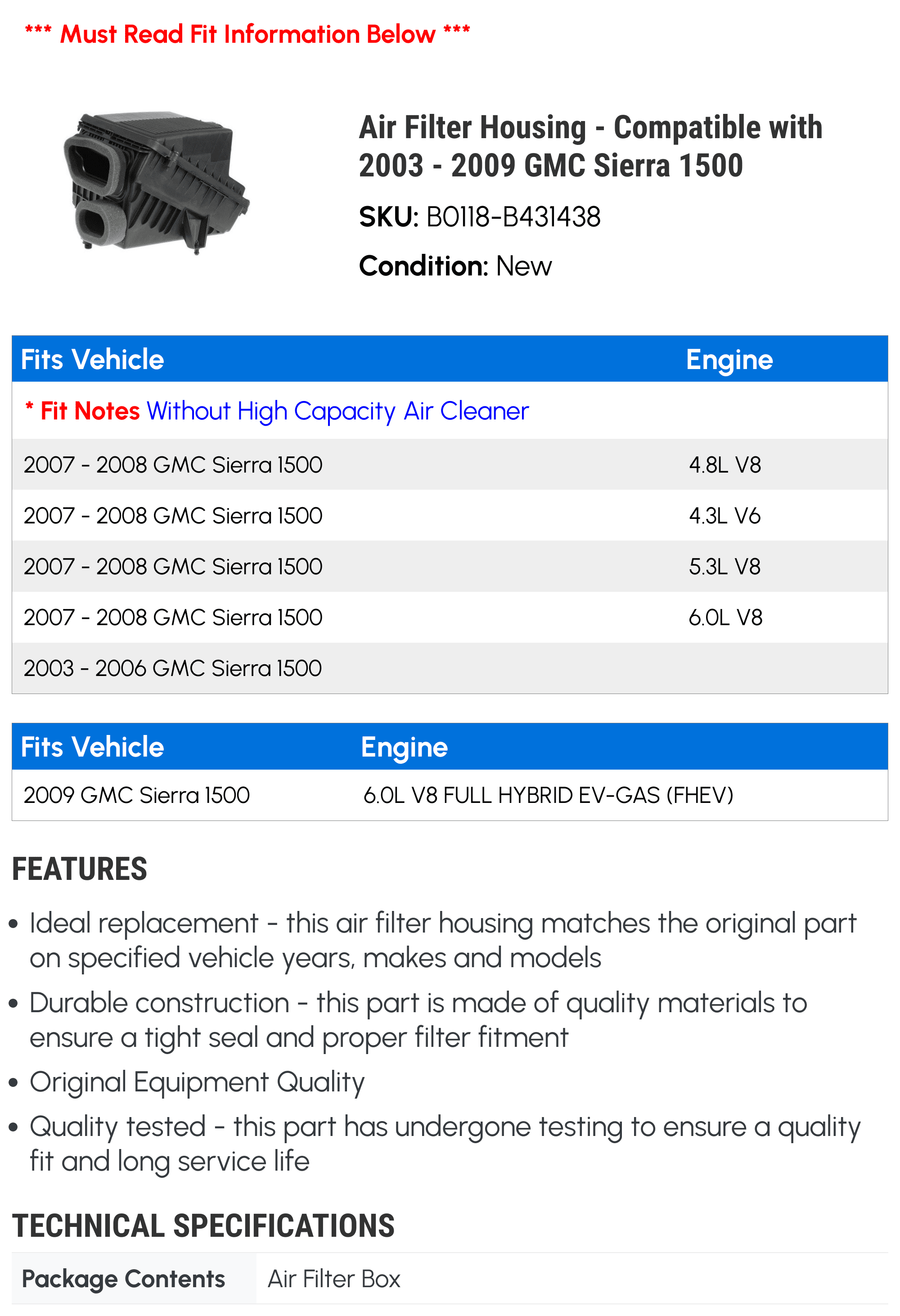 Air Filter Housing - Compatible with 2003 - 2009 GMC Sizeierra 1500 2004 2005 2006 2007 2008